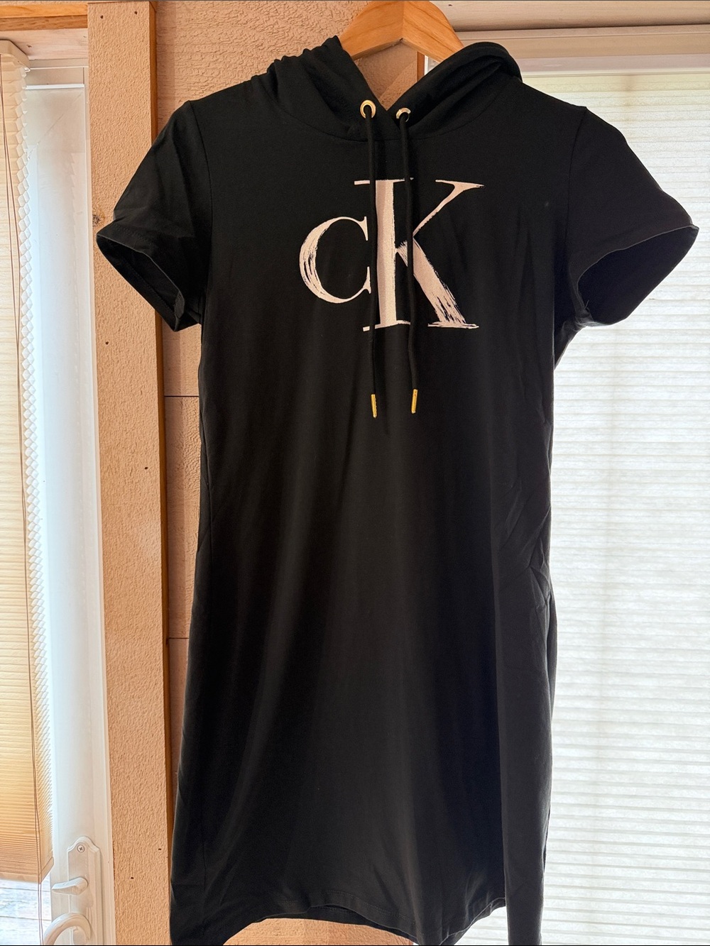 Calvin Klein Black Short-Sleeve Hooded Dress with White CK Logo